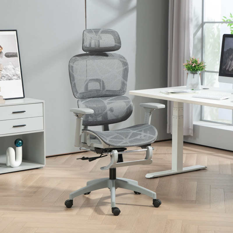 Ergonomic Office Chair with Lumbar Support, Mesh Office Chair with 3D Armrest, 135° Reclining, Adjustable Headrest, Grey