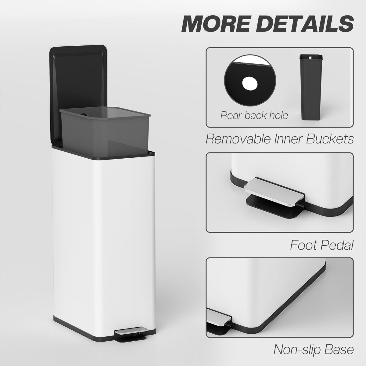 5.3 Gallon Stainless Steel Kitchen Garbage Can with Soft-close Lid, Foot Pedal, Fingerprint-Proof, White