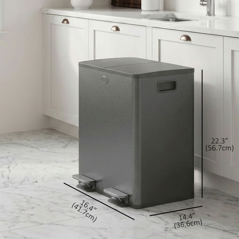 Dual Garbage Bin, Soft-Close Trash Can with Foot Pedal, 2 x 20 Liter Garbage Can with Removable Inner Buckets, Black