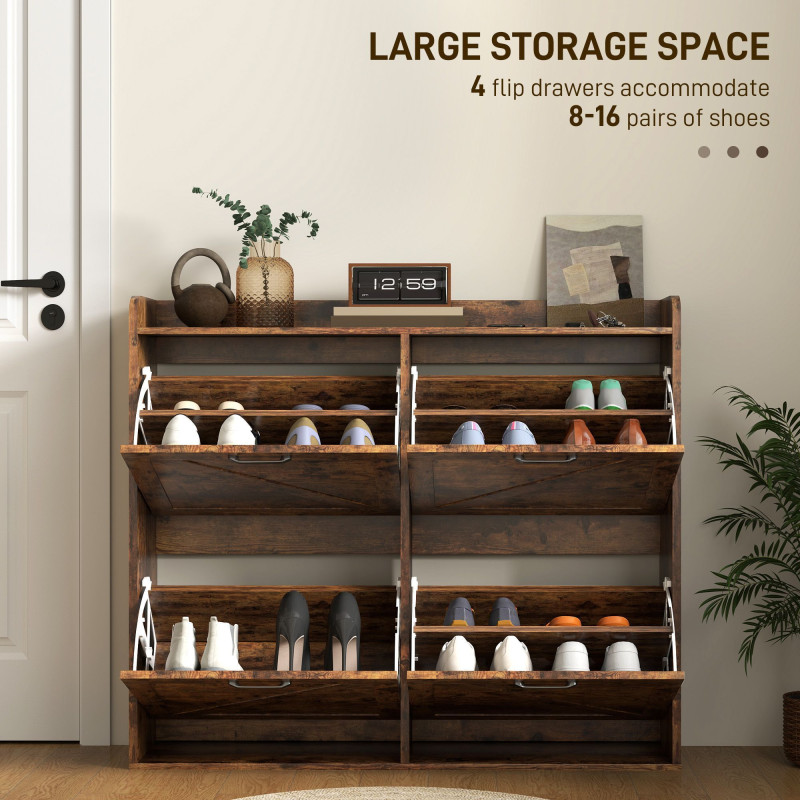 Narrow Shoe Storage Cabinet with 4 Flip Drawers, Adjustable Shelves, 16 Pair Farmhouse Shoe Cabinet, Rustic Brown