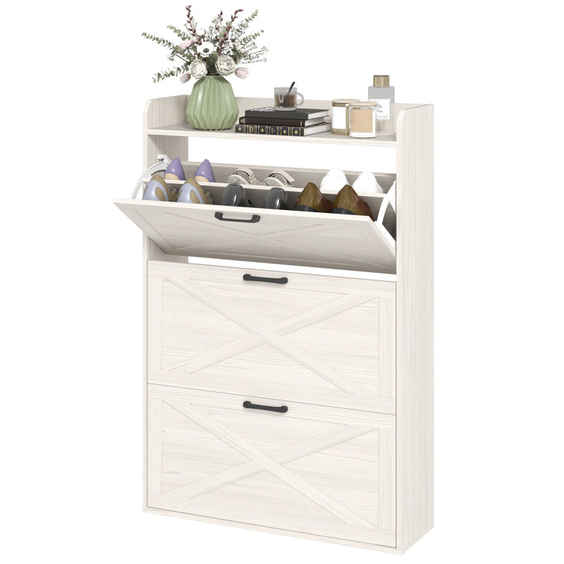 Narrow Shoe Storage Cabinet Farmhouse Shoe Cabinet with 3 Flip Drawers Adjustable Shelves for Entryway White Oak