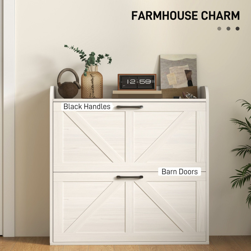 Narrow Shoe Storage Cabinet, Farmhouse Slim Shoe Cabinet with 2 Flip Drawers, Adjustable Shelves, White Oak