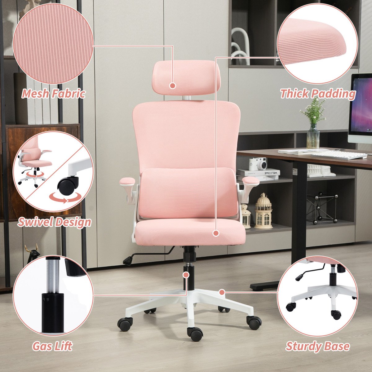 High Back Office Chair, Mesh Computer Desk Chair with Rotatable Headrest, Lumbar Back Support, Adjustable Height, Pink