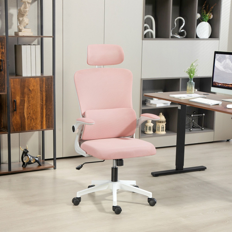High Back Office Chair, Mesh Computer Desk Chair with Rotatable Headrest, Lumbar Back Support, Adjustable Height, Pink