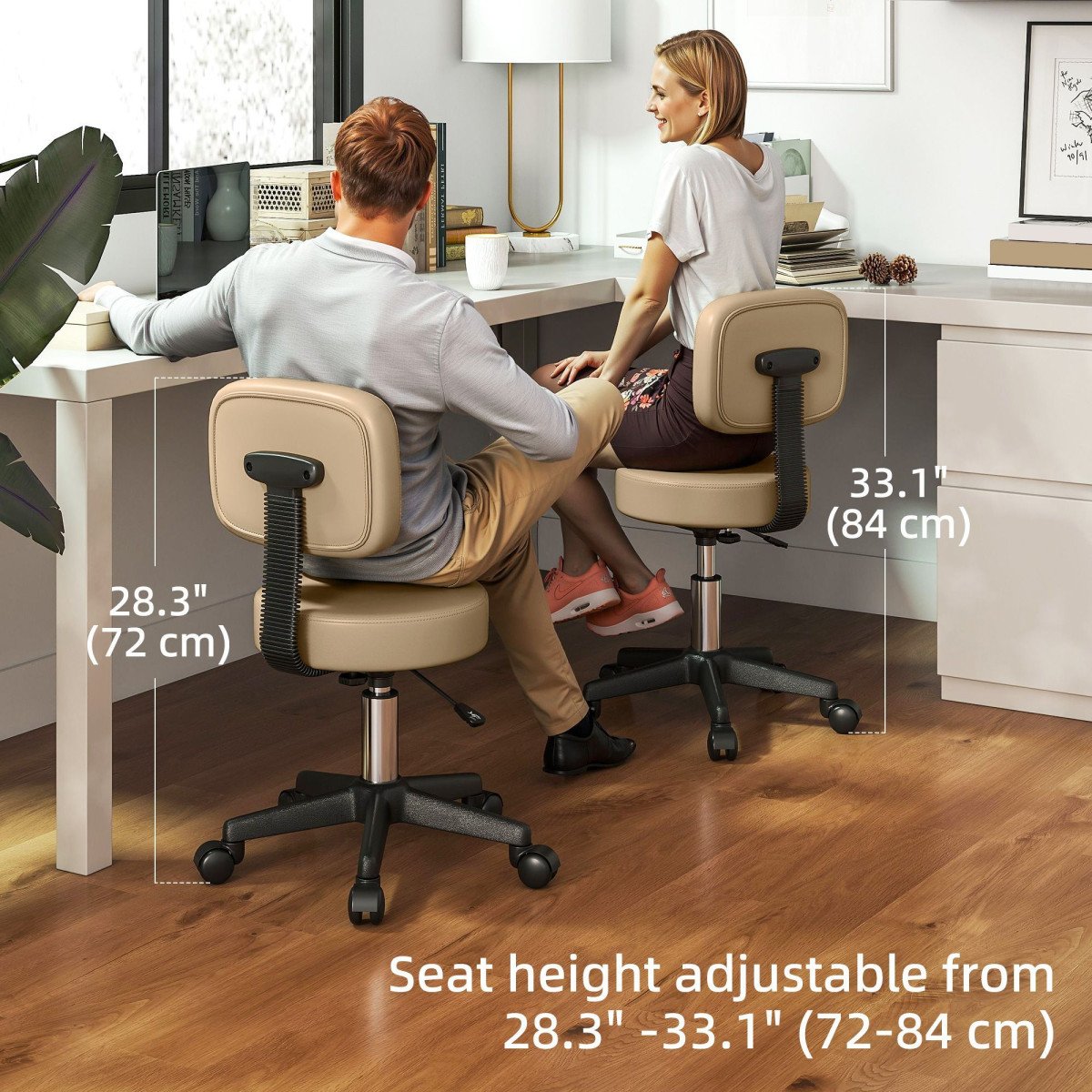 PU Leather Adjustable Rolling Stool, Round Swivel Drafting Stool with Back, Wheels, Light Brown