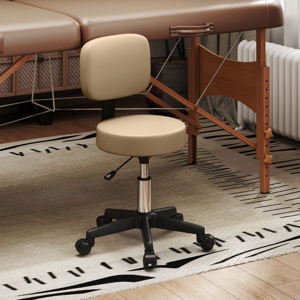 PU Leather Adjustable Rolling Stool, Round Swivel Drafting Stool with Back, Wheels, Light Brown