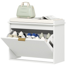 Entryway Bench with Padded Seat and Flip-Drawers, Holds up to 265lbs, Shoe Storage Bench for 6 Pairs of Shoes, White