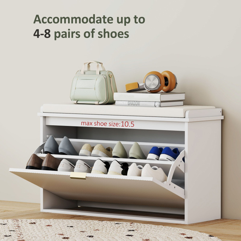 Entryway Bench with Padded Seat and Flip-Drawers, Holds up to 265lbs, Shoe Storage Bench for 8 Pairs of Shoes, White