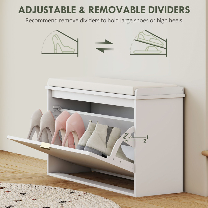 Entryway Bench with Padded Seat and Flip-Drawers, Holds up to 265lbs, Shoe Storage Bench for 8 Pairs of Shoes, White