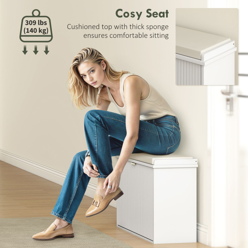 Entryway Bench with Padded Seat and Flip-Drawers, Holds up to 265lbs, Shoe Storage Bench for 8 Pairs of Shoes, White