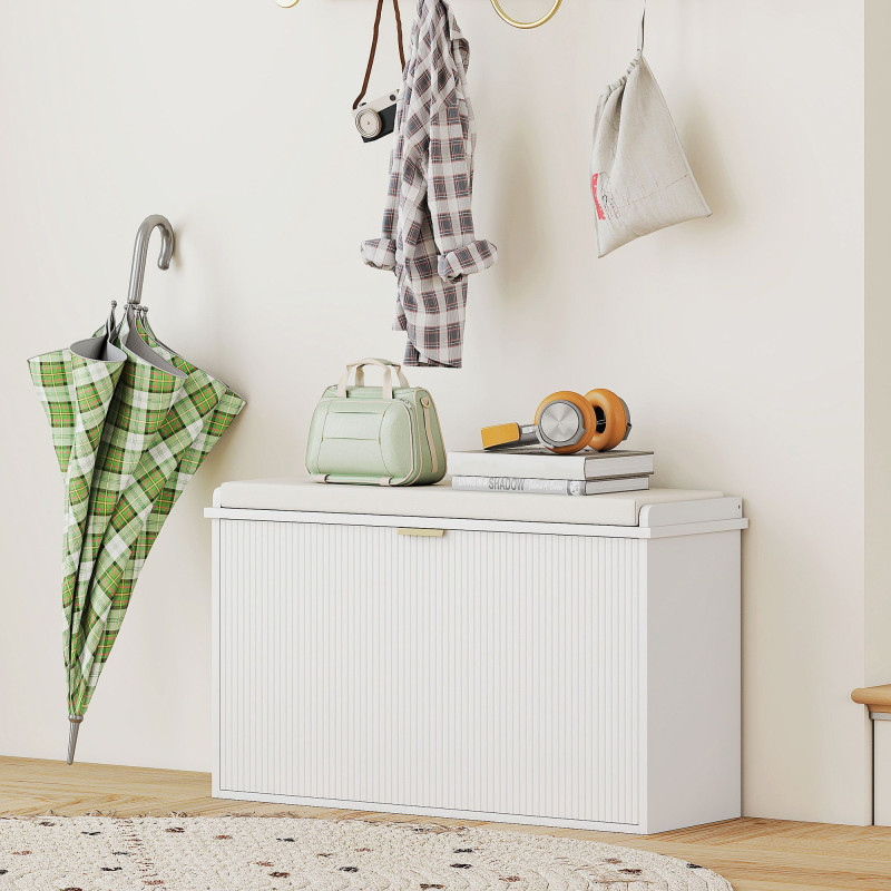 Entryway Bench with Padded Seat and Flip-Drawers, Holds up to 265lbs, Shoe Storage Bench for 8 Pairs of Shoes, White