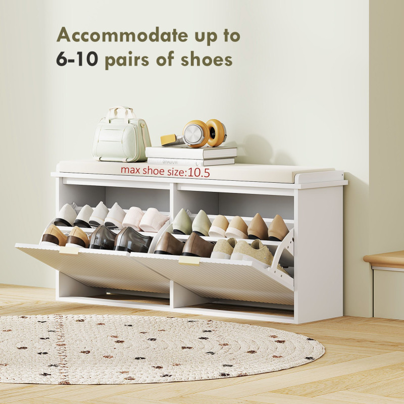 Entryway Bench with Padded Seat and Flip-Drawers, Holds up to 529lbs, Shoe Storage Bench for 10 Pairs of Shoes, White