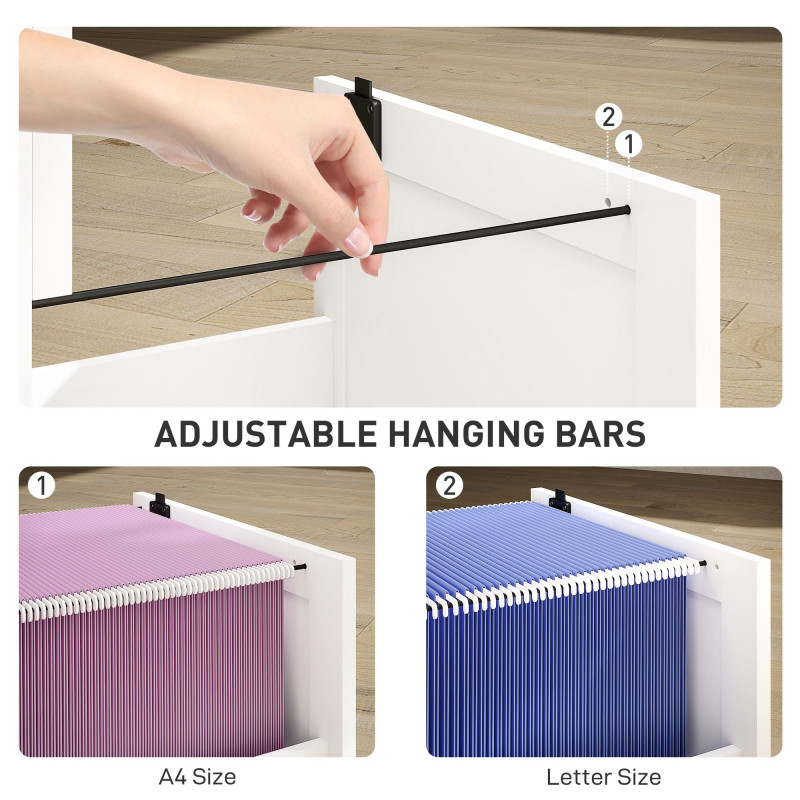 2 Drawer Filing Cabinet with Lock, Office Storage Cabinet with Adjustable Hanging Bars for A4 Letter Size Files, White