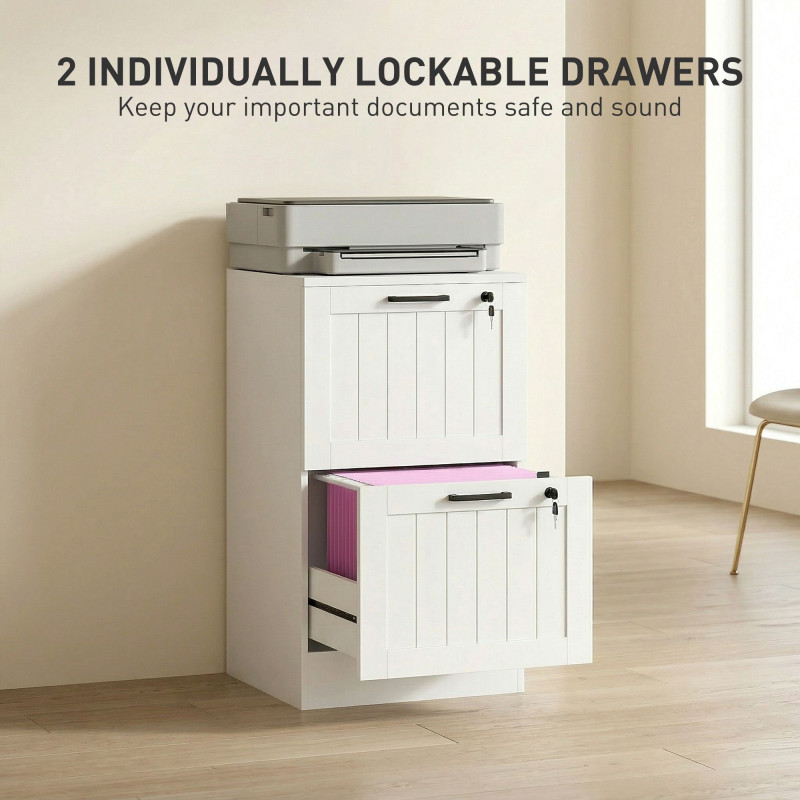 2 Drawer Filing Cabinet with Lock, Office Storage Cabinet with Adjustable Hanging Bars for A4 Letter Size Files, White