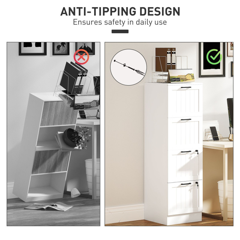 4 Drawer Filing Cabinet with Lock, Office Storage Cabinet with Adjustable Hanging Bars for A4 Letter Size Files, White