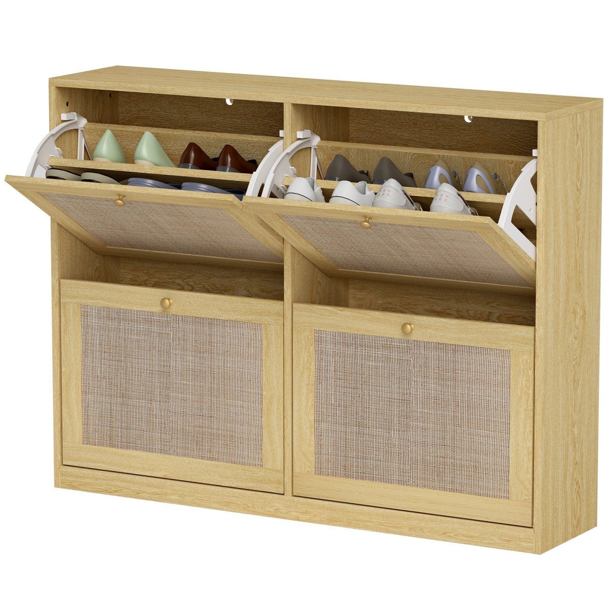 Narrow Shoe Storage Cabinet, Rattan Shoe Cabinet with 4 Flip Drawers and Adjustable Shelves for 20 Pairs, Oak