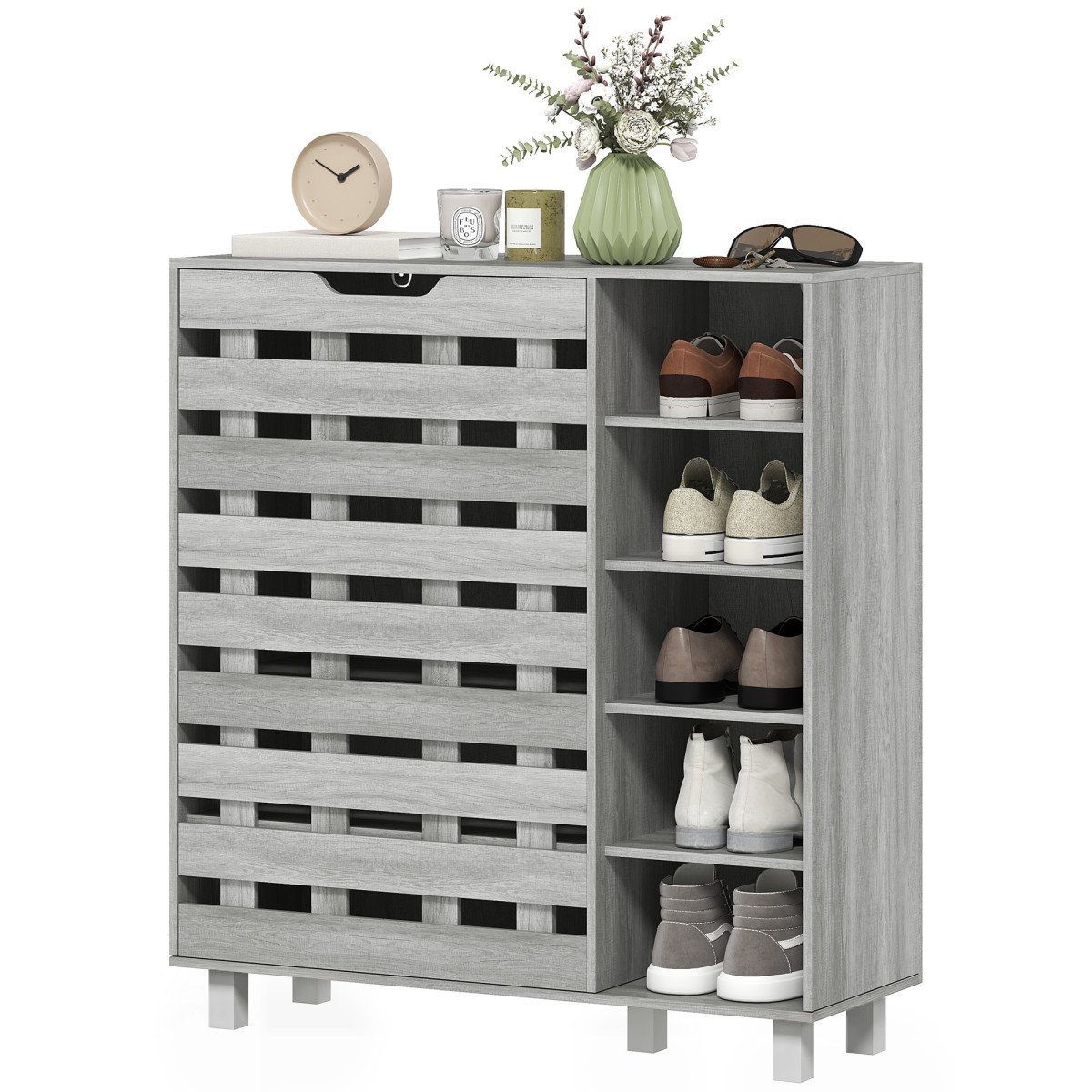 Shoe Cabinet, 21 Pair Shoe Storage Cabinet Organizer with 5-tier Double Door Cabinet and 5-tier Open Shelves, Light Grey