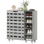 Shoe Cabinet, 21 Pair Shoe Storage Cabinet Organizer with 5-tier Double Door Cabinet and 5-tier Open Shelves, Light Grey