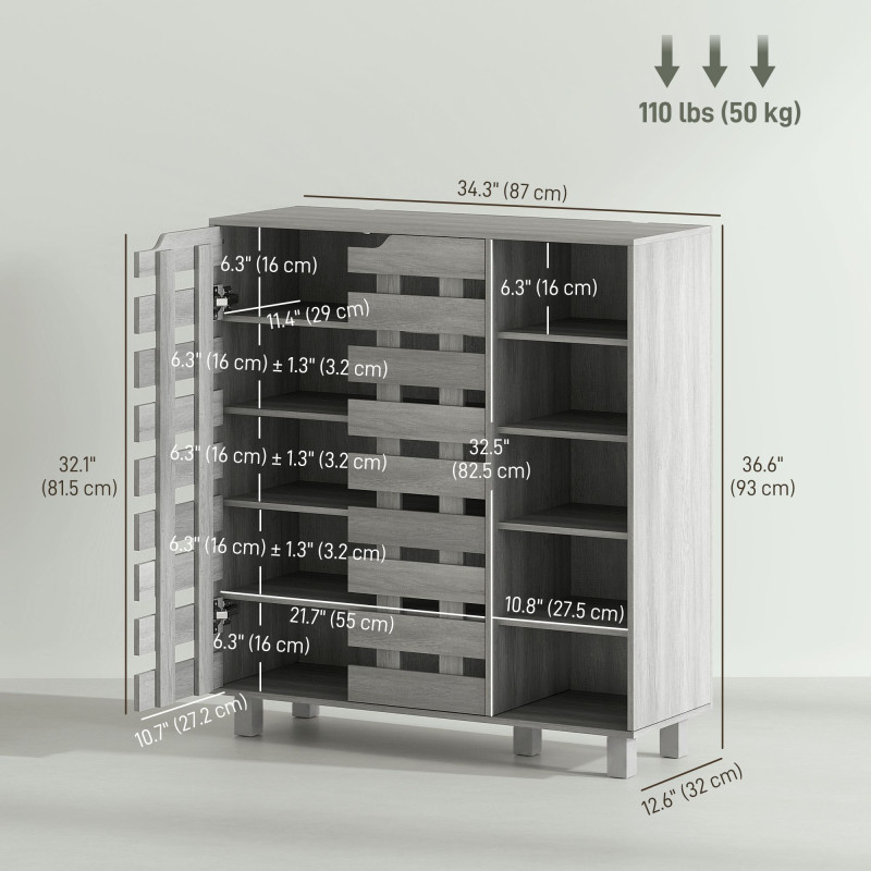 Shoe Cabinet, 21 Pair Shoe Storage Cabinet Organizer with 5-tier Double Door Cabinet and 5-tier Open Shelves, Light Grey