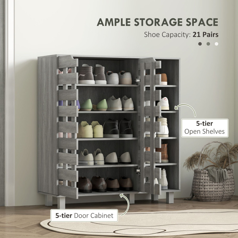 Shoe Cabinet, 21 Pair Shoe Storage Cabinet Organizer with 5-tier Double Door Cabinet and 5-tier Open Shelves, Light Grey
