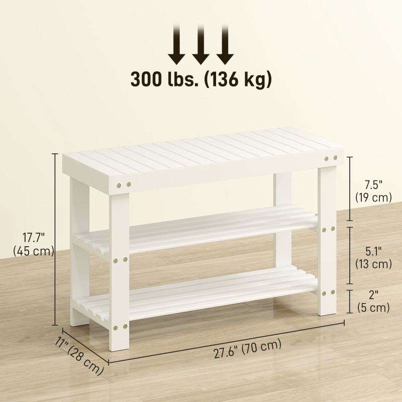 Bamboo Shoe Storage Bench, 3-Tier Entryway Bench with 2 Storage Shelves for Hallway, Holds 6 Pairs, White