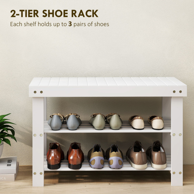 Bamboo Shoe Storage Bench, 3-Tier Entryway Bench with 2 Storage Shelves for Hallway, Holds 6 Pairs, White