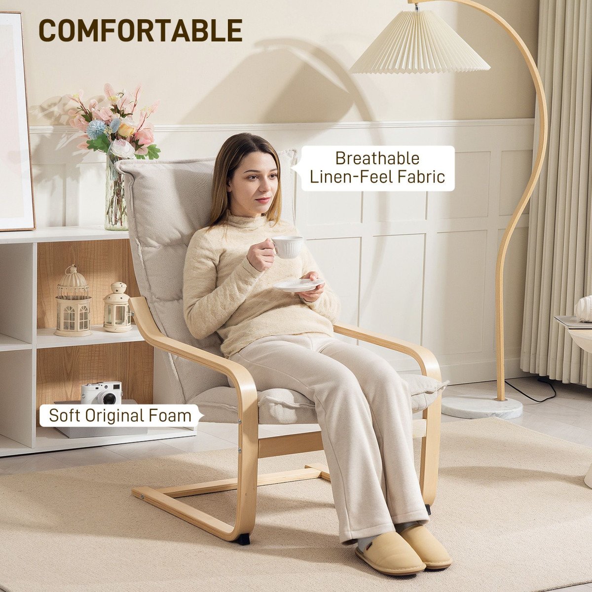 Modern Armchair, Upholstered Accent Chair with Curved Leg and Arm, Leisure Lounge Chair for Living Room, Cream White