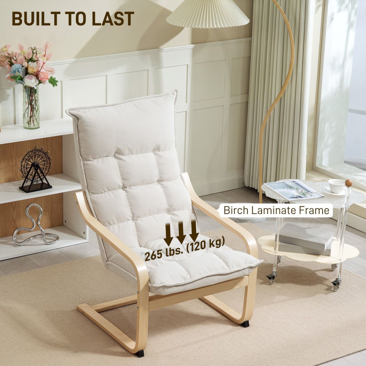 Modern Armchair, Upholstered Accent Chair with Curved Leg and Arm, Leisure Lounge Chair for Living Room, Cream White