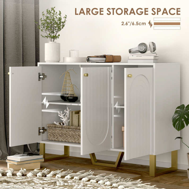 Sideboard Buffet Cabinet with 3 Doors, Modern Storage Cabinet with Adjustable Shelves & Center Leg, White