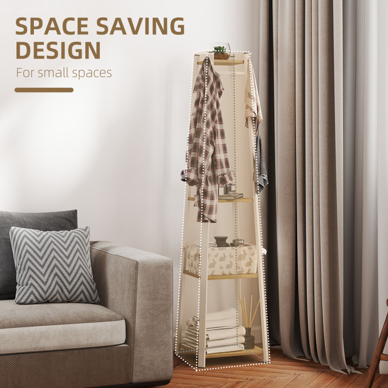 Clothes Rack with Storage, Garment Rack with 8 Hooks and 3-Tier Shelf, Clothes Stand for Bedroom, Entryway, Oak