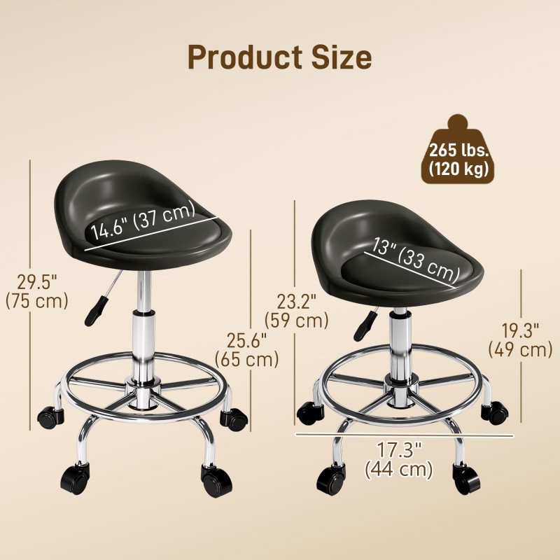 PU Leather Rolling Stool, Height Adjustable Swivel Salon Chair with Backrest and Foot Rest for Spa, Tattoo, Black