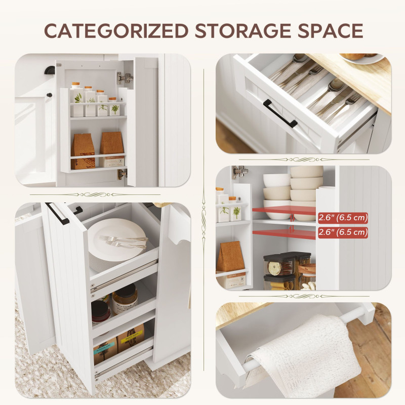 Kitchen Island on Wheels with Wood Drop Leaf, Charging Station, Rolling Kitchen Cart with Adjustable Shelf, White