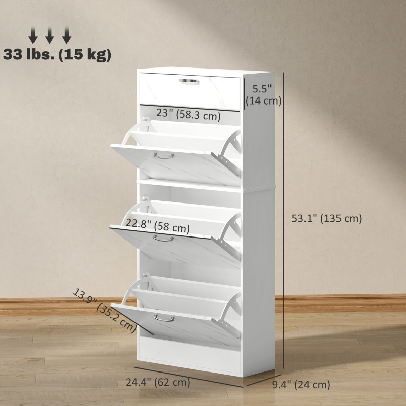3 Flip Drawer Shoe Cabinet, Marble-Effect Narrow Shoe Storage Cabinet with Top Drawer and Adjustable Shelves, White