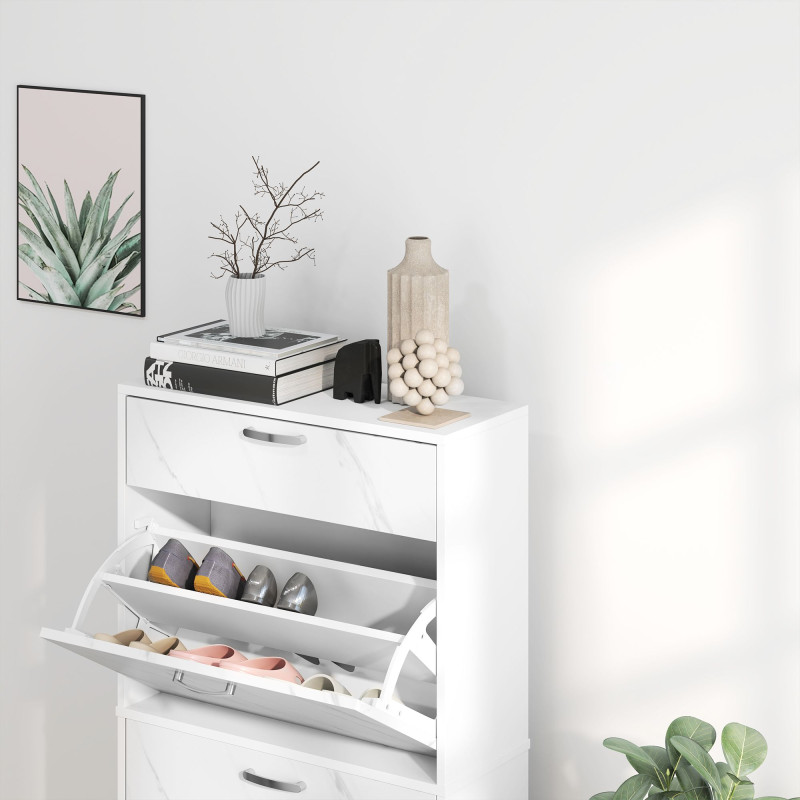 3 Flip Drawer Shoe Cabinet, Marble-Effect Narrow Shoe Storage Cabinet with Top Drawer and Adjustable Shelves, White