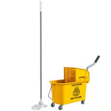 Mop Bucket with Wringer on Wheels for Floor Cleaning, 21 Quart Side Press Wringer with Handle and Mop, Yellow