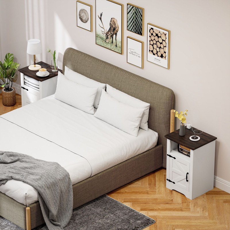 Set of 2 Side Tables, Night Stands with Charging Outlets, White