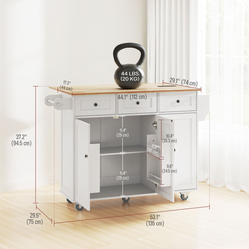 Kitchen Island on Wheels with Drop Leaf, Charging Station, Rolling Kitchen Cart with Wood Top, Adjustable Shelf, White