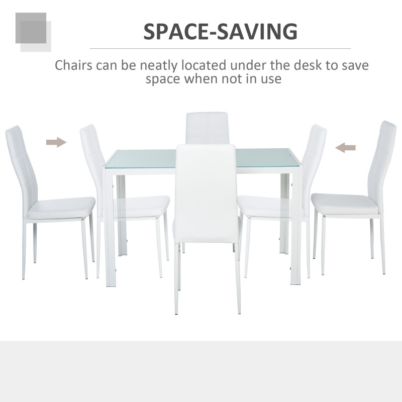 5-Piece Rectangular Glass Kitchen Table and Chairs with Metal Frame and Faux Leather Upholstery for Dining Room, White