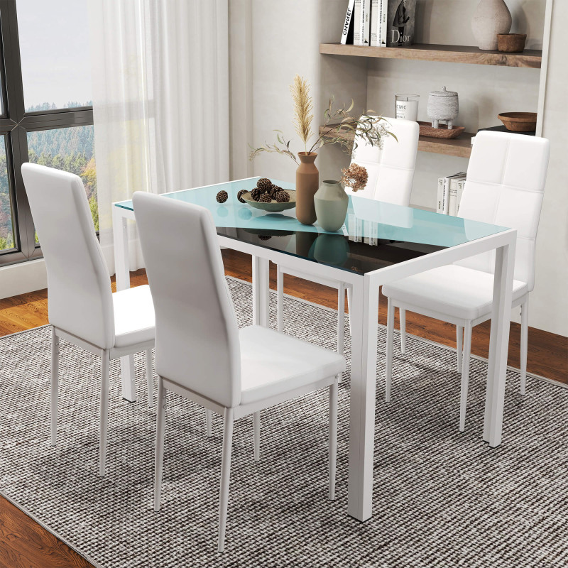5-Piece Rectangular Glass Kitchen Table and Chairs with Metal Frame and Faux Leather Upholstery for Dining Room, White