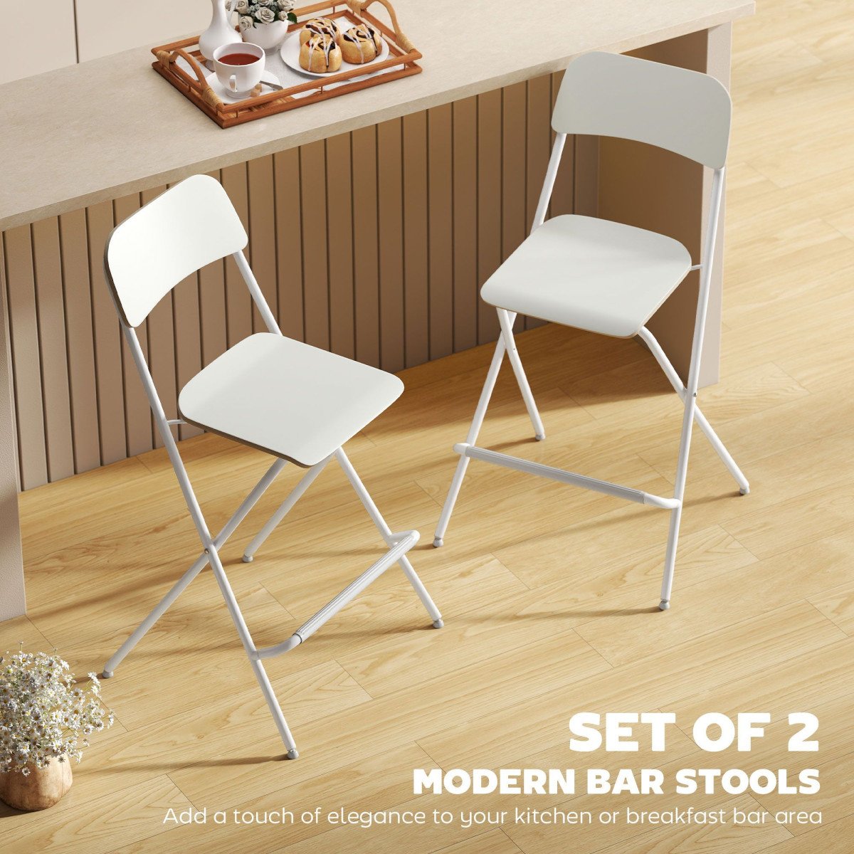 Folding Bar Stools Set of 2, Counter Height Foldable Stool with Wooden Effect Seat and Steel Frame for Kitchen, White