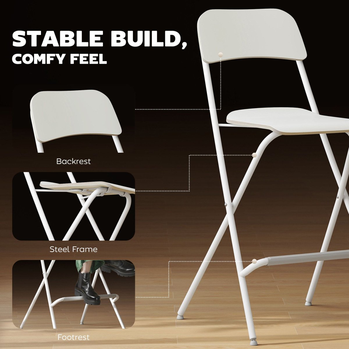 Folding Bar Stools Set of 2, Counter Height Foldable Stool with Wooden Effect Seat and Steel Frame for Kitchen, White