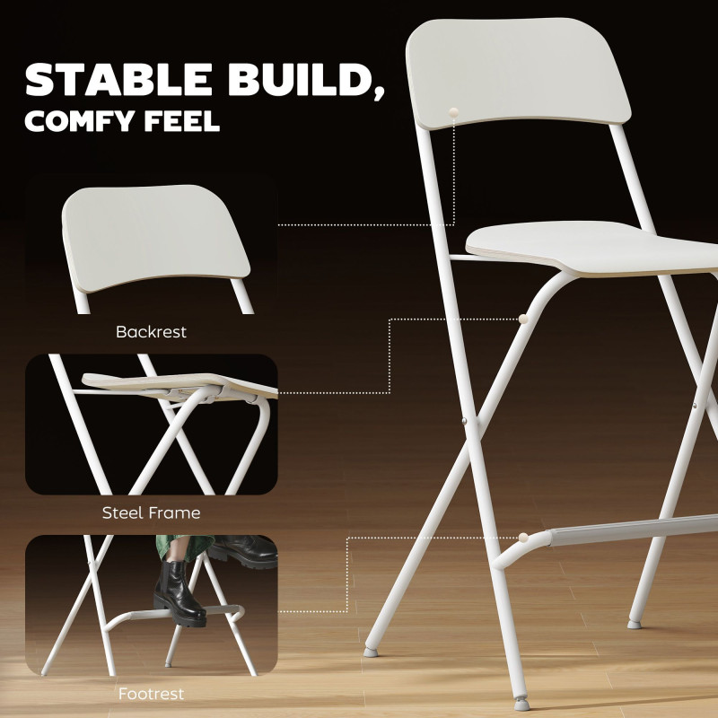Folding Bar Stools Set of 2, Counter Height Foldable Stool with Wooden Effect Seat and Steel Frame for Kitchen, White