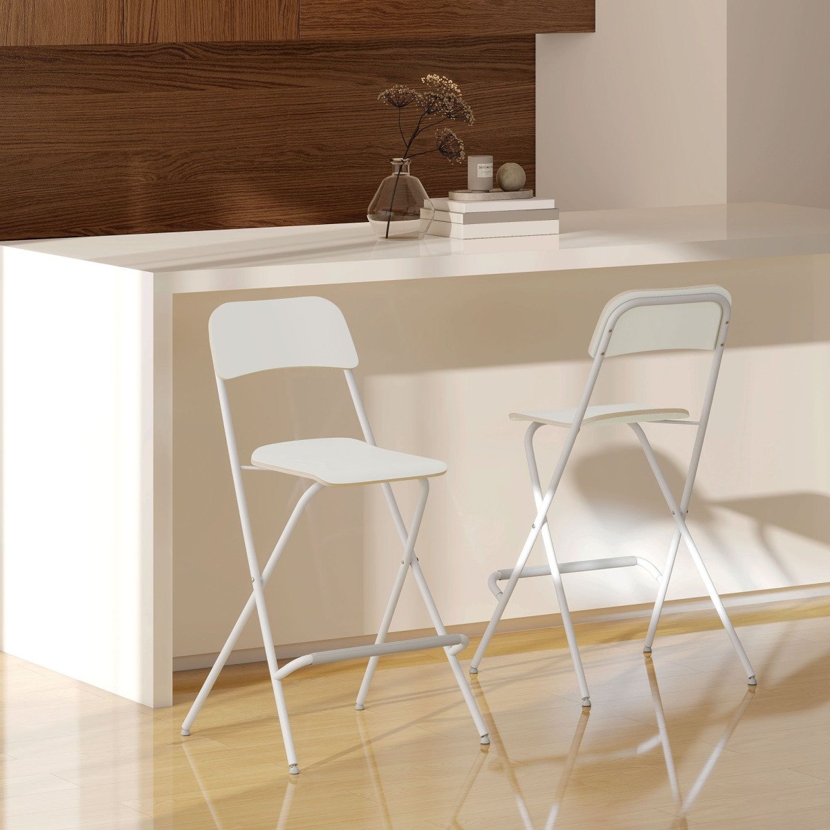 Folding Bar Stools Set of 2, Counter Height Foldable Stool with Wooden Effect Seat and Steel Frame for Kitchen, White