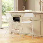 Folding Bar Stools Set of 2, Counter Height Foldable Stool with Wooden Effect Seat and Steel Frame for Kitchen, White