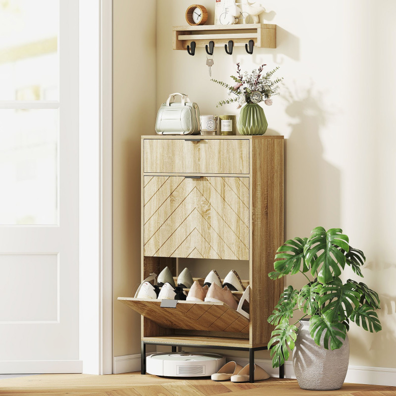 Narrow Shoe Storage Cabinet with Flip Drawers, Shoe Cabinet with Adjustable Shelves, Sliding Drawer, Holds 8 Pairs, Oak
