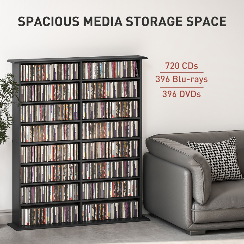 8-Tier DVD Shelf with 12 Adjustable Shelves, Double CD Shelf, Holds 720 CDs, 396 DVDs or 396 Blu-rays, Black