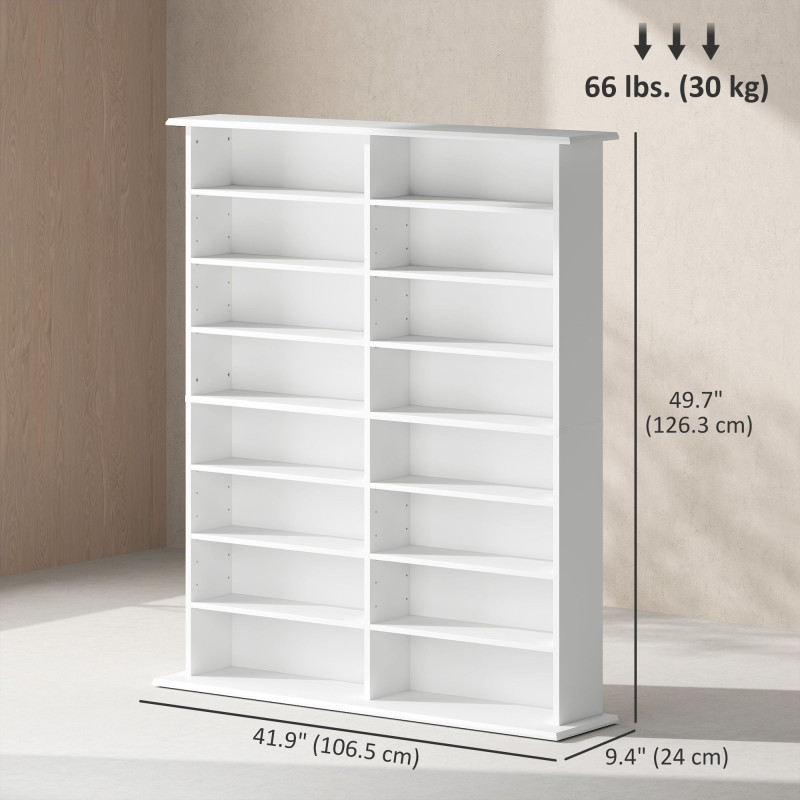 8-Tier DVD Shelf with 12 Adjustable Shelves, Double CD Shelf, Holds 720 CDs, 396 DVDs or 396 Blu-rays, White