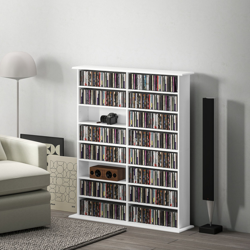 8-Tier DVD Shelf with 12 Adjustable Shelves, Double CD Shelf, Holds 720 CDs, 396 DVDs or 396 Blu-rays, White