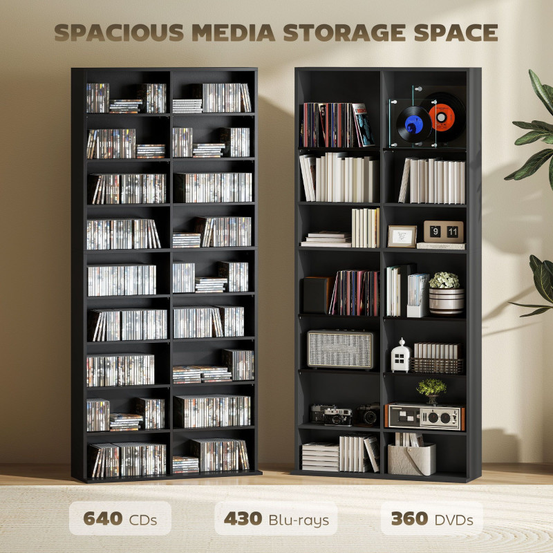 9-Tier DVD Shelf with 18 Compartments and 14 Adjustable Shelves, Holds 640 CDs, 360 DVDs or 430 Blu-rays, Black