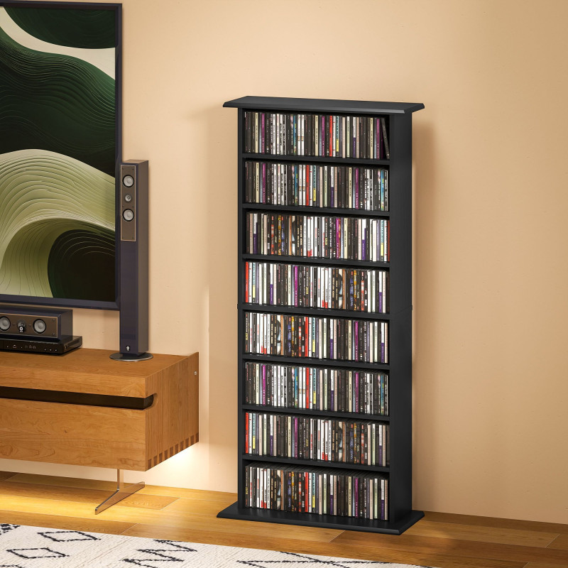 8-Tier DVD Shelf with 6 Adjustable Shelves, Slim CD Shelf, Holds 360 CDs, 185 DVDs or 185 Blu-rays, Black